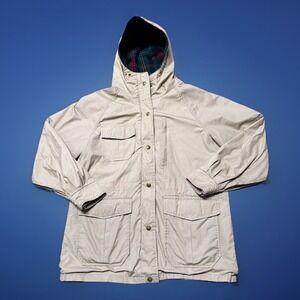 VTG 90s Eddie Bauer Chore Coat Jacket Womens L Beige Wool Flannel Lined Hooded